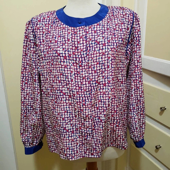 Vintage Blouse Button Down Red White & Blue by Jai Dalis New York Size 18 - Picture 1 of 8